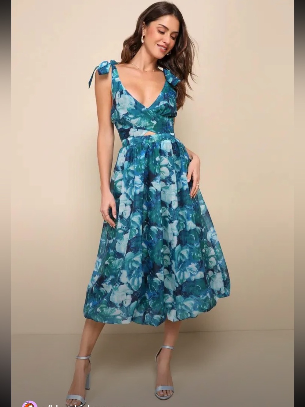 Lulus Flowering Day Dream Teal Blue Floral Organza Midi Bubble Dress Medium
